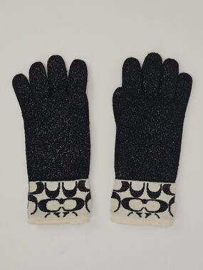 Coach Signature Knit Tech Gloves Black Metallic Lurex Logo Cuff Small
